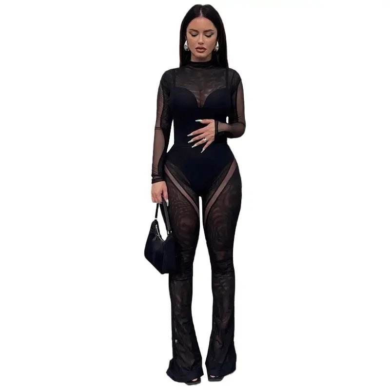 New arrivals blouse women clothing 2023 sexy mesh stitching sheer long sleeve jumpsuit flared pants leisure suit