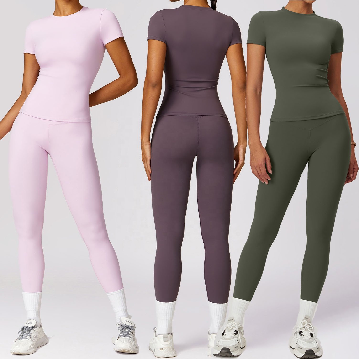 YIYI Fashion Short Sleeves Long T-shirts Exercise Suits High Waist Pants Gym Set Women Yoga Set Gym Clothing Leggings Sports Top