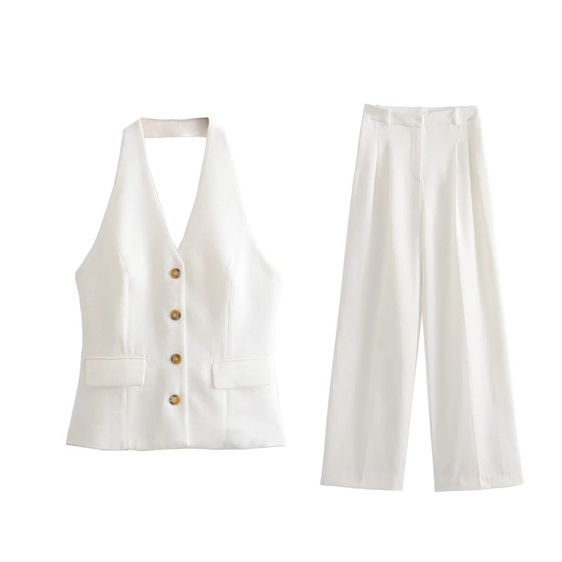 TAOP&ZA 2023 new women's white elegant pleated decorative high-waisted straight-leg trousers 8365532 8364532