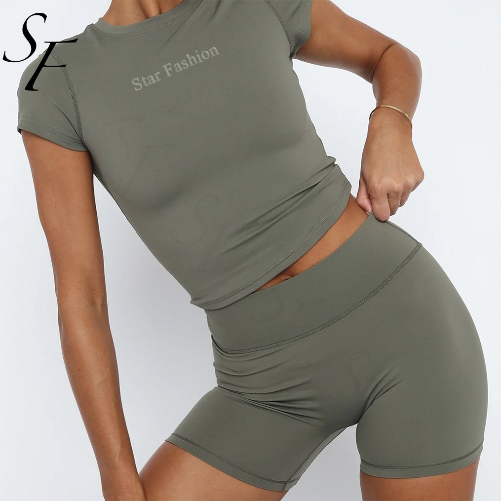 Summer Short Sets Custom Women Clothes Crop Top Workout Clothing Embroidered Thick Rib Slim Fit Women's Sets