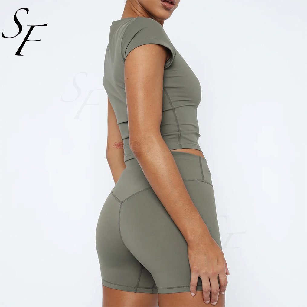 Summer Short Sets Custom Women Clothes Crop Top Workout Clothing Embroidered Thick Rib Slim Fit Women's Sets