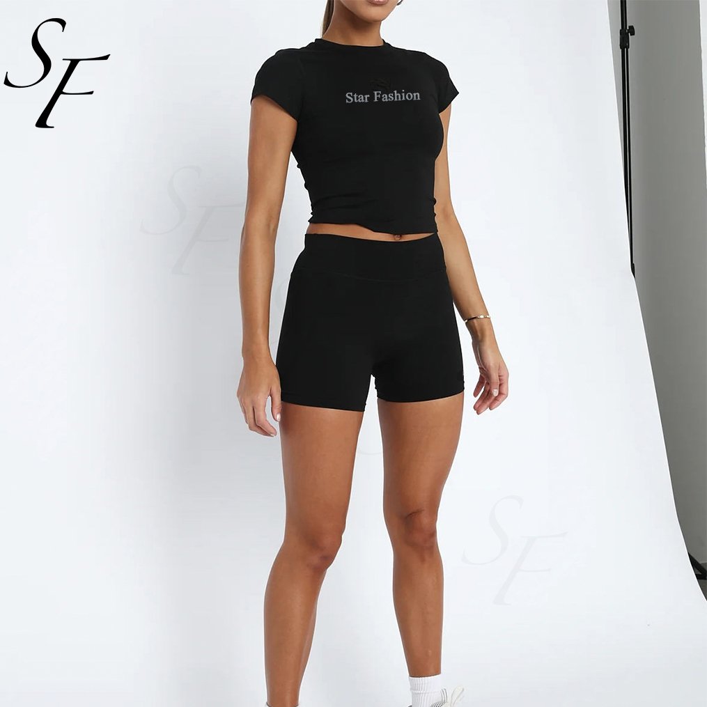 Summer Short Sets Custom Women Clothes Crop Top Workout Clothing Embroidered Thick Rib Slim Fit Women's Sets