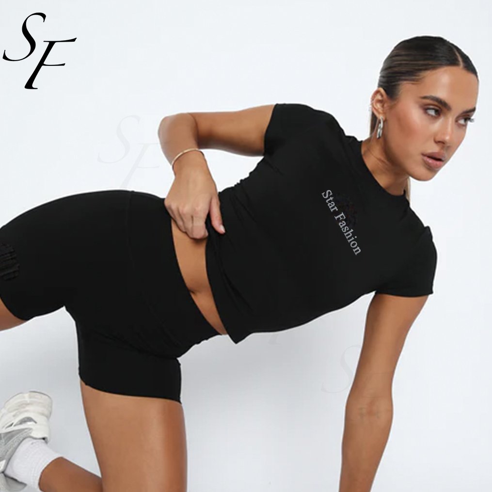 Summer Short Sets Custom Women Clothes Crop Top Workout Clothing Embroidered Thick Rib Slim Fit Women's Sets