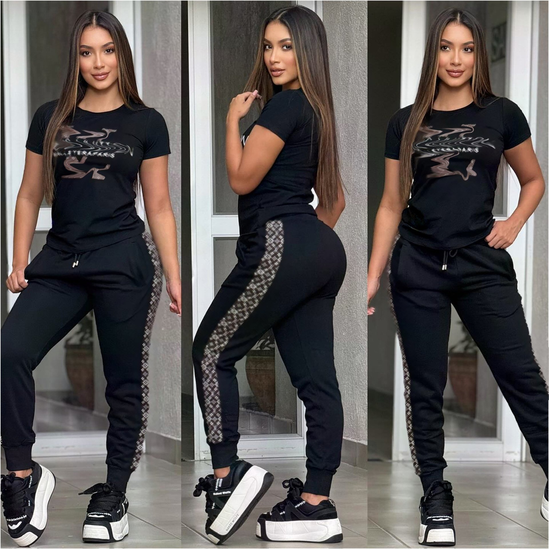 High quality designer womens clothing New Fashion two piece women's sets Embroidered casual short sleeved top and pants set