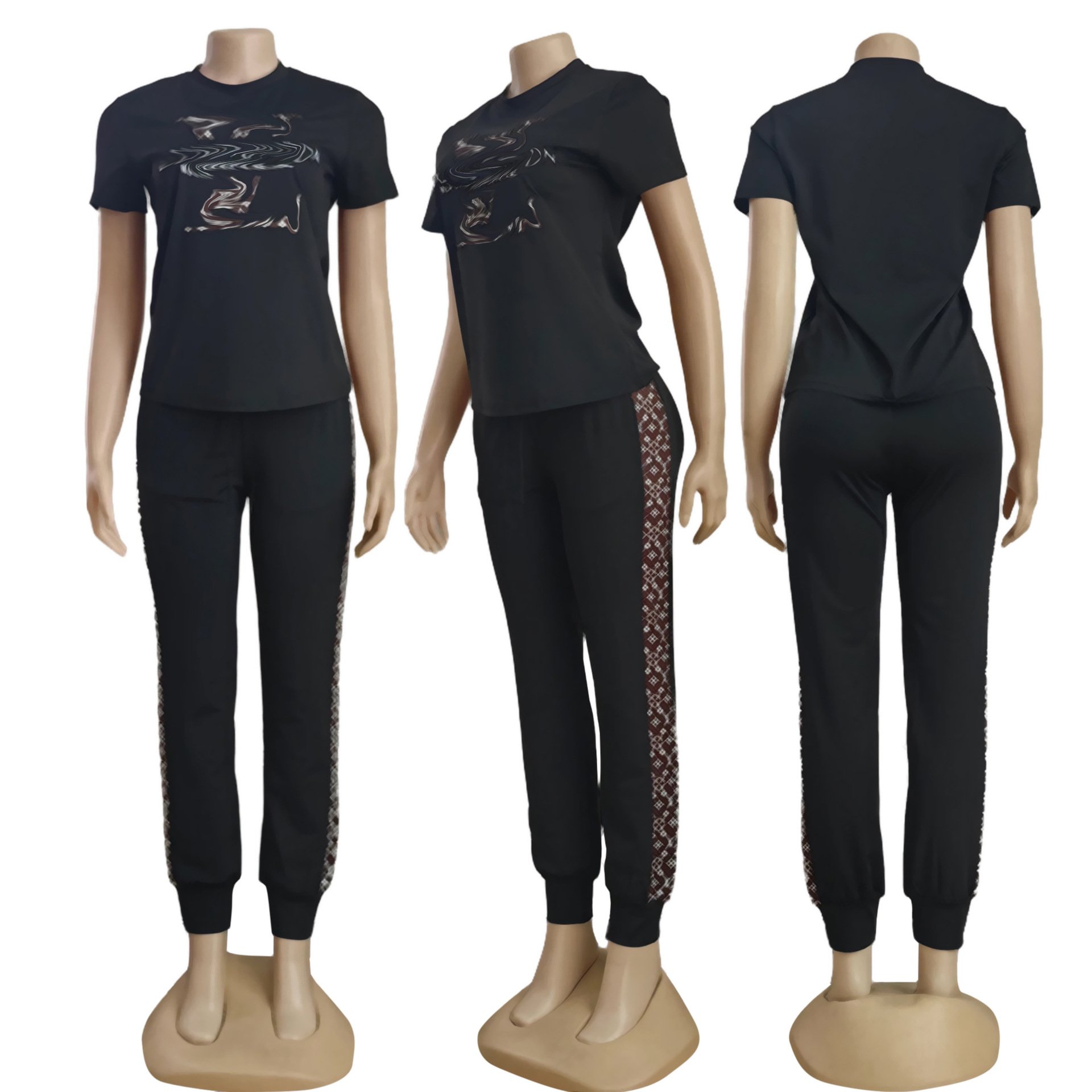 High quality designer womens clothing New Fashion two piece women's sets Embroidered casual short sleeved top and pants set