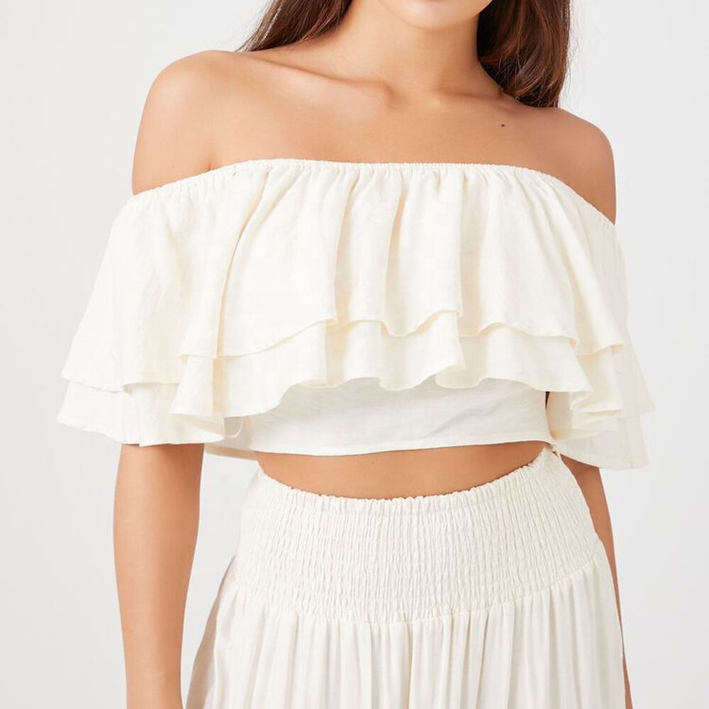 Summer Women's Two-Piece Skirt Sets White Linen Cotton Loose Elegant Ruffle Crop Top & Maxi Skirt Beach Wear Women's Set