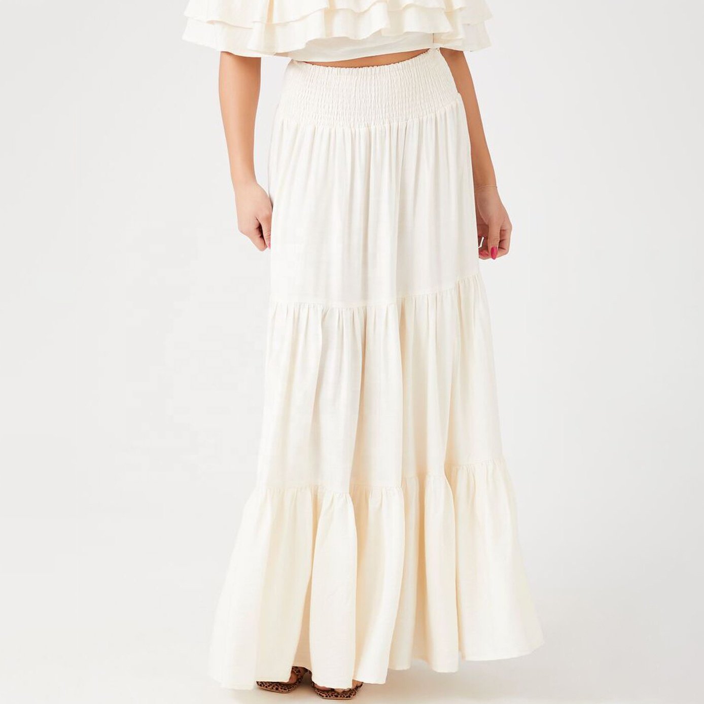 Summer Women's Two-Piece Skirt Sets White Linen Cotton Loose Elegant Ruffle Crop Top & Maxi Skirt Beach Wear Women's Set