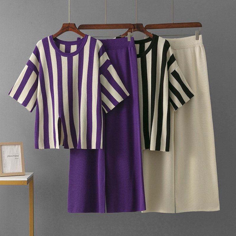 Wholesale 2024 Autumn New Fashion Simple Splicing Loose Short Sleeved Sweater Slimming Wide Leg Pants Women's Set