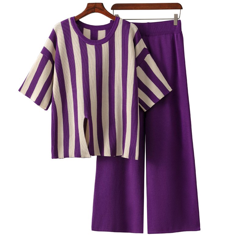 Wholesale 2024 Autumn New Fashion Simple Splicing Loose Short Sleeved Sweater Slimming Wide Leg Pants Women's Set