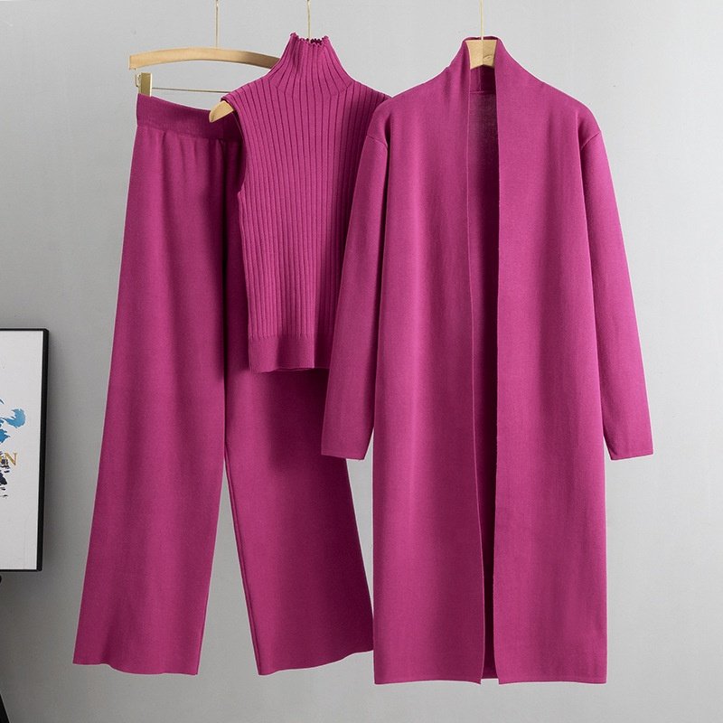 Autumn New Elegant Simple Knitted Set Sleeveless Tank Top+long Sweater Cardigan+pants Three Piece Sets