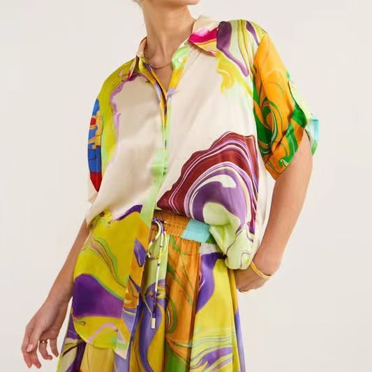 Wholesale 2024 Spring New Elegant and Comfortable Foreign Trade Style Commuting Fashion Printed Satin Leisure Women's Set
