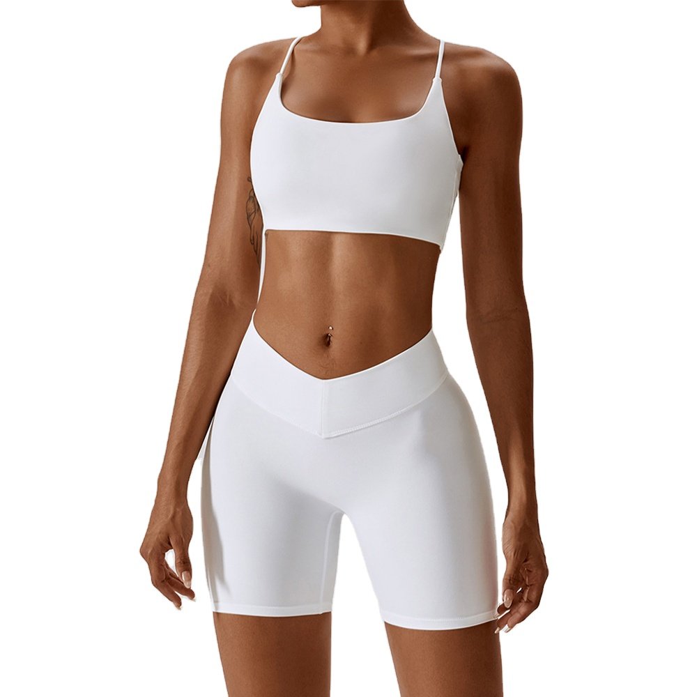 Women's Yoga Workout Set 2 Piece Gym Outfits Scoop Neck Halter Sports Bra Cross Waist Scrunch Shorts Gym Workout Exercise Set