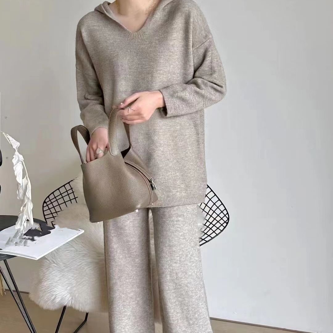 Winter Loose Long Sleeve Hooded Sweater Wide Leg Pants Ladies Two Piece Knit Set for Women