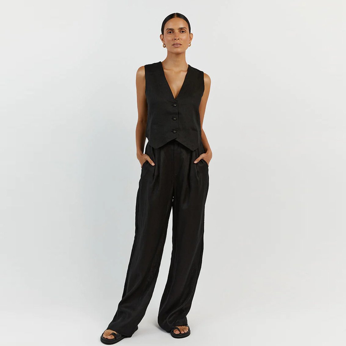 Liu Ming 2024 Summer Collection Women's Casual Linen Sets Sleeveless V Neck Button Vest Wide Leg Pant Loose Straight Solid
