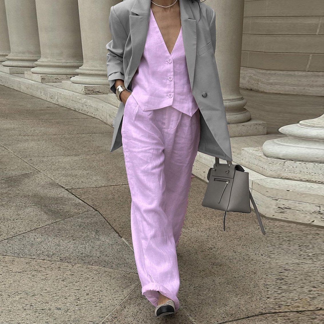 Liu Ming 2024 Summer Collection Women's Casual Linen Sets Sleeveless V Neck Button Vest Wide Leg Pant Loose Straight Solid