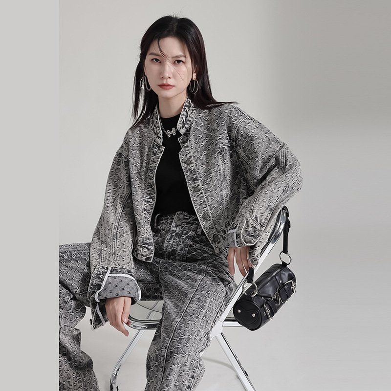 Women's Suits 2023 Autumn High Quality Women's Set Vintage Top Denim Wide Leg Pants Two Piece Set Female Denim Suits