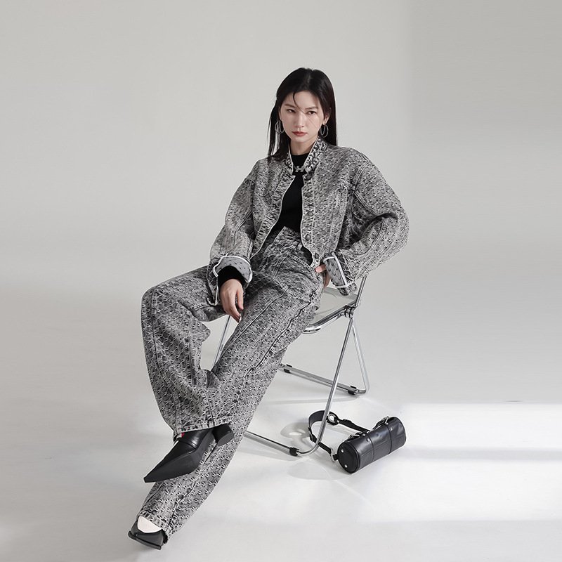Women's Suits 2023 Autumn High Quality Women's Set Vintage Top Denim Wide Leg Pants Two Piece Set Female Denim Suits