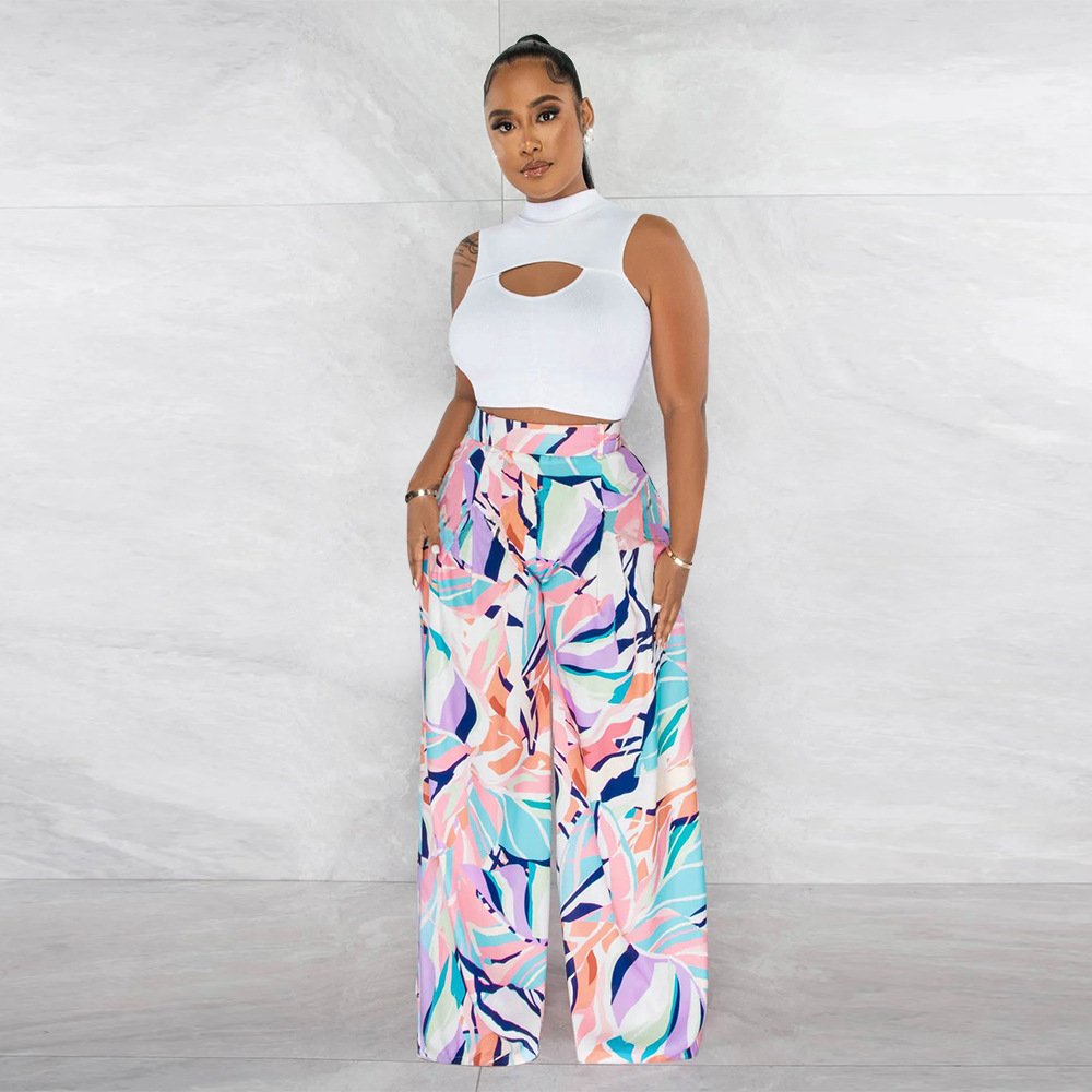 QuiteS 2023 New Fashion Relaxed Crop Long Sleeve T Shirt Top Pant Suit Casual Wide Leg Women Two Piece Sets