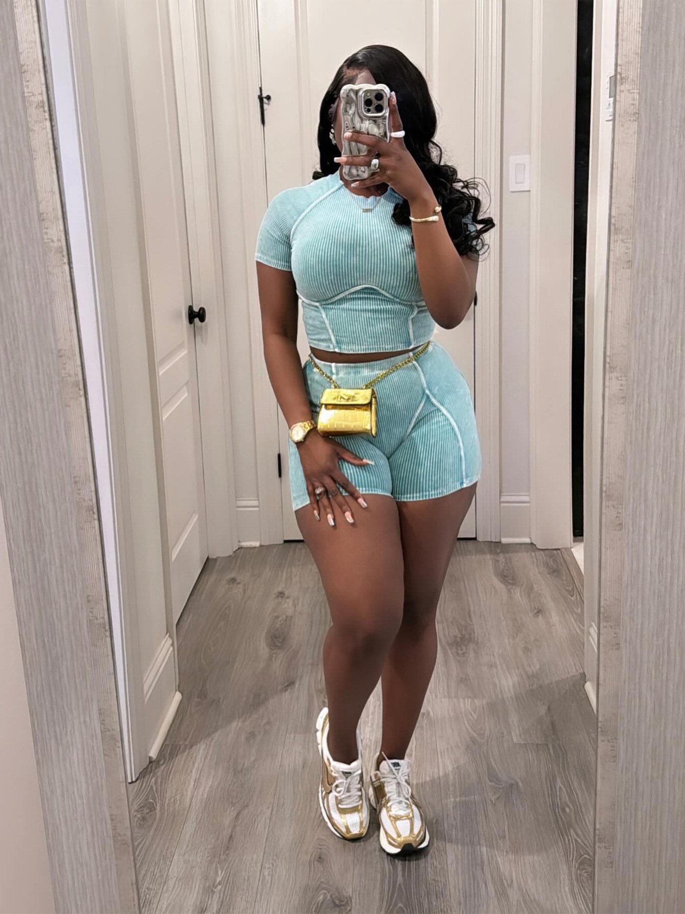 2024 New Trendy Washed Faded Rib Knitted Fabric 2 Piece Shorts Distressed Women's T Shirts And Biker Shorts Women's Set
