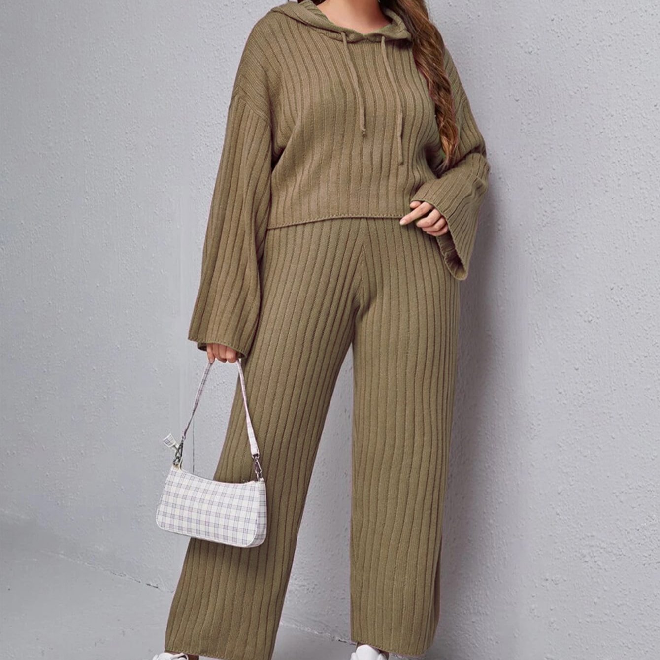 Customized Fat Ladies Fashion Drop Shoulder Drawstring Hooded Sweater & Knit Pants Plus Size Women's Sweater Two Piece Sets