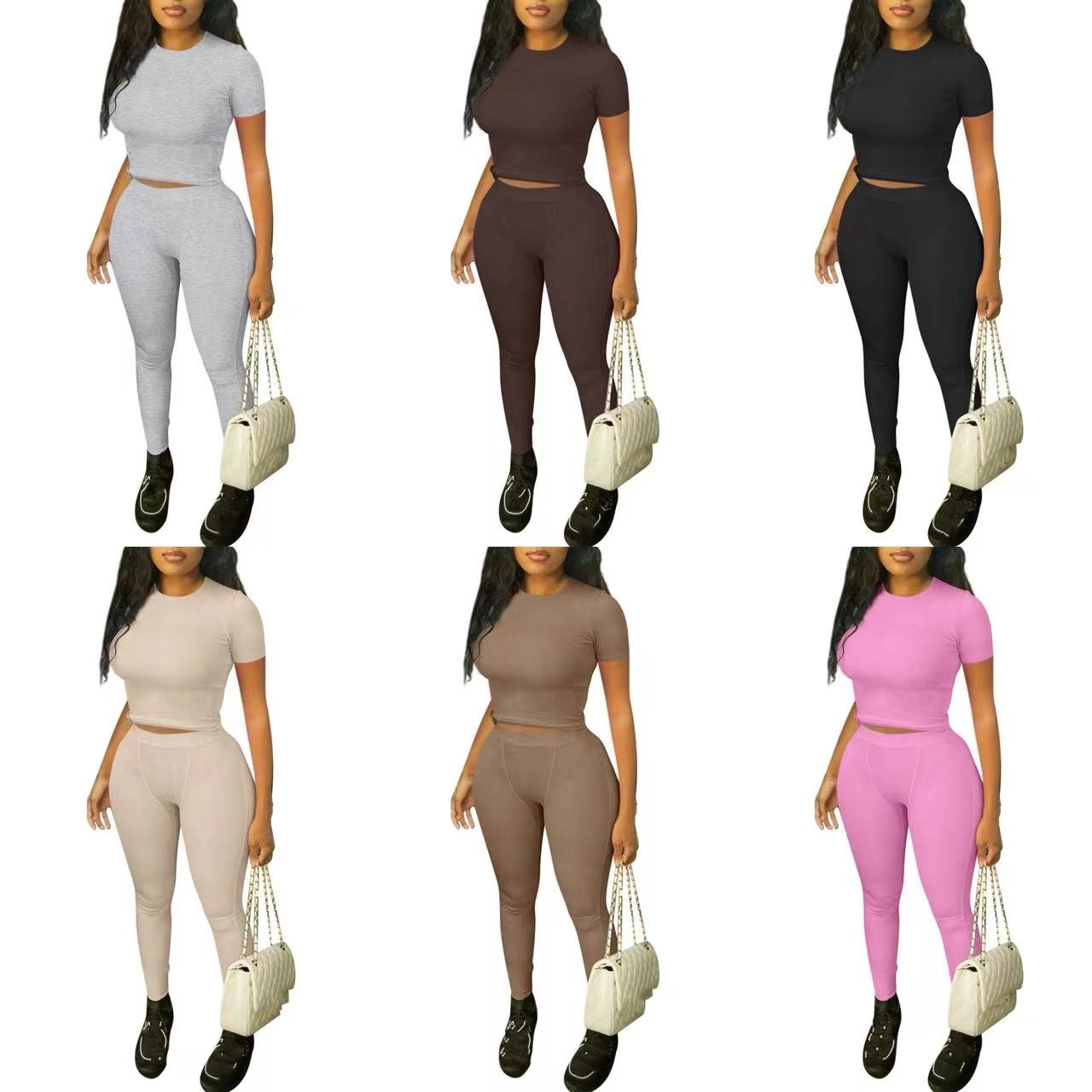 bulk wholesale ribbed short sleeves t-shirt and skinny pants legging 2 two pieces loungewear women sets ropa de mujer clothing