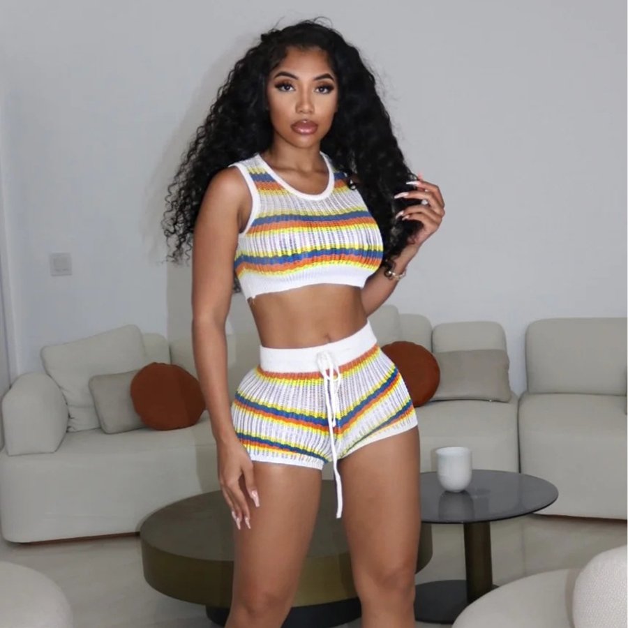 Kliou W23S28941 Knitted Striped Two Pieces Shorts Sets Patchwork 2 Piece Set Women Casual Hollow Out Women's Set