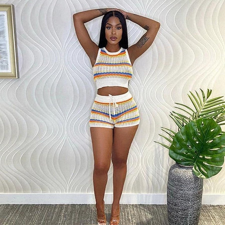 Kliou W23S28941 Knitted Striped Two Pieces Shorts Sets Patchwork 2 Piece Set Women Casual Hollow Out Women's Set
