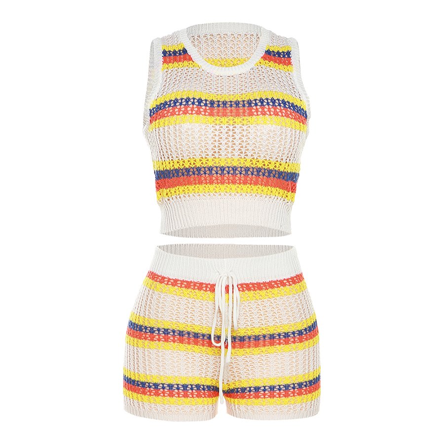 Kliou W23S28941 Knitted Striped Two Pieces Shorts Sets Patchwork 2 Piece Set Women Casual Hollow Out Women's Set
