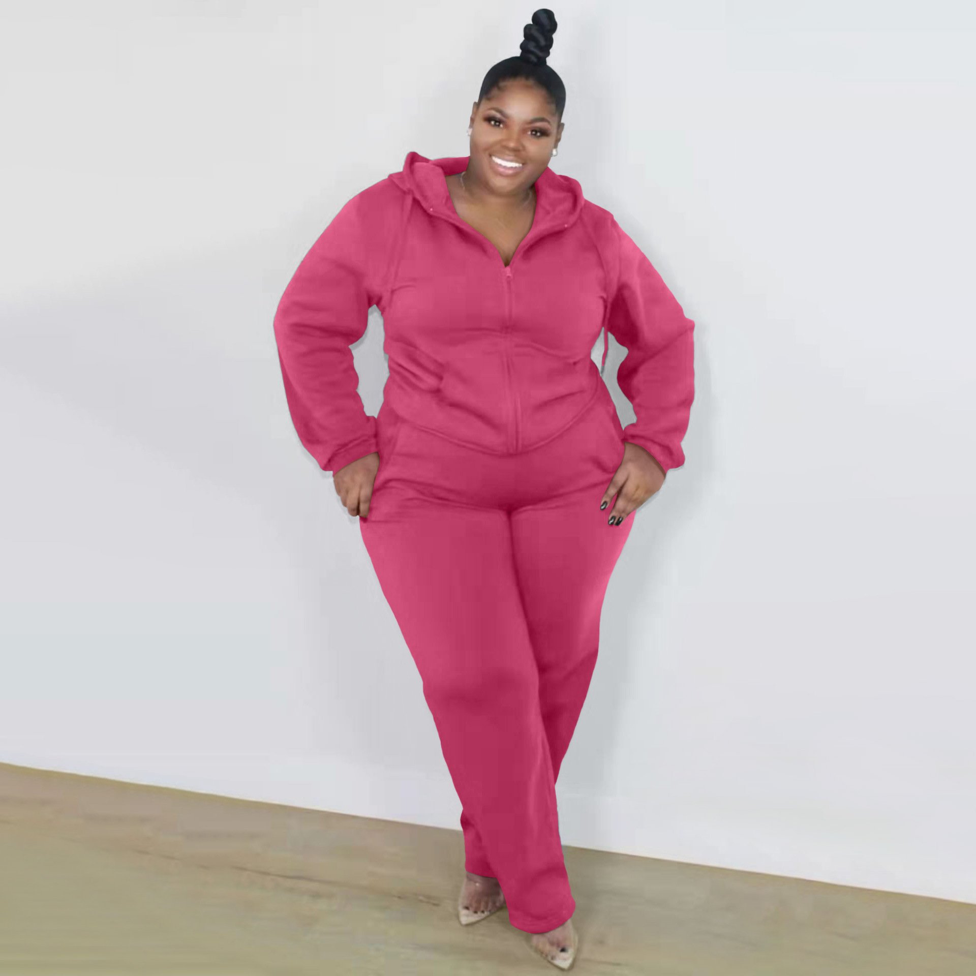 Plus Size Tracksuits for Women Fall Winter Trendy Clothing Up to 5XL Solid Color Zipper Hooded Jogger Suit Women's 2 Piece Set