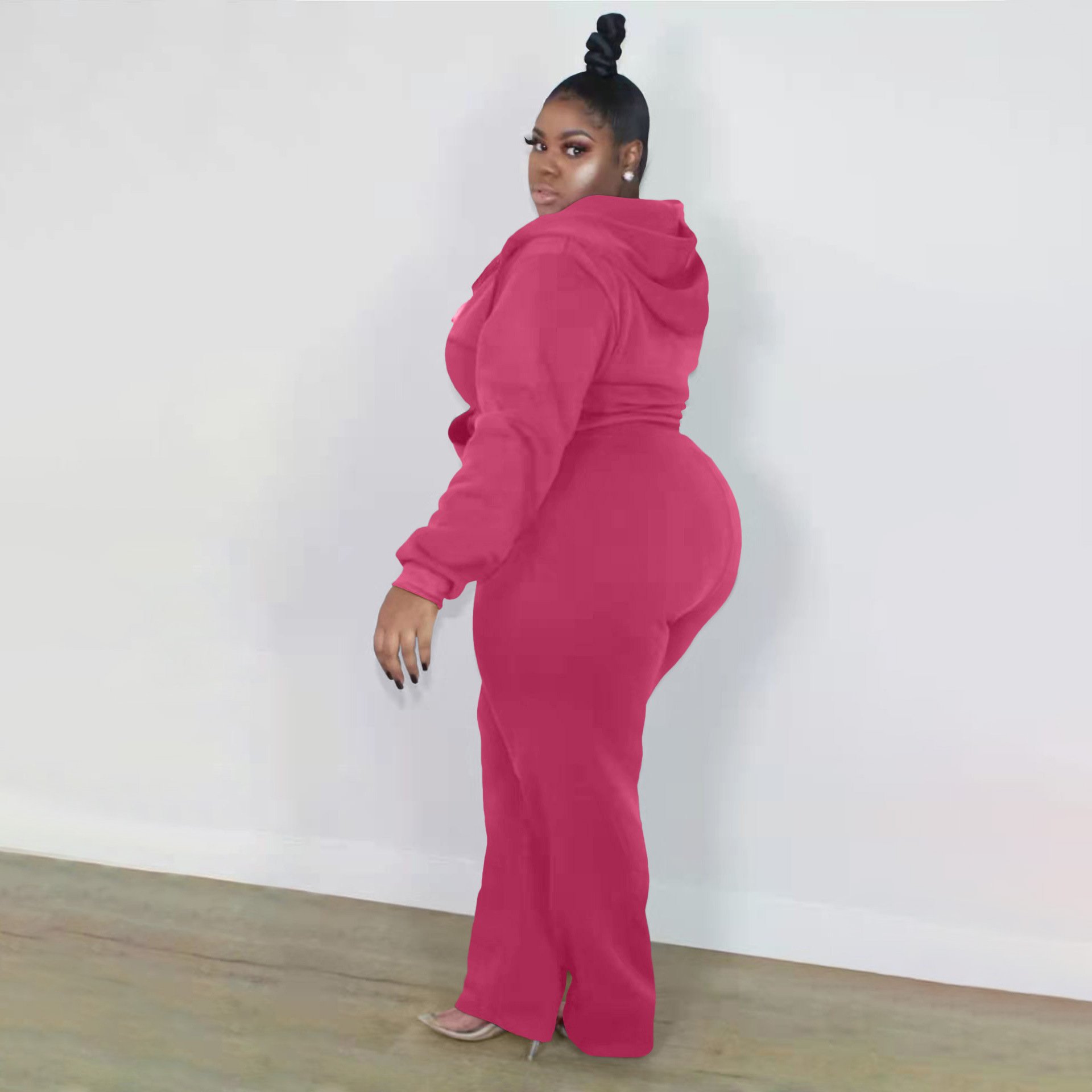 Plus Size Tracksuits for Women Fall Winter Trendy Clothing Up to 5XL Solid Color Zipper Hooded Jogger Suit Women's 2 Piece Set