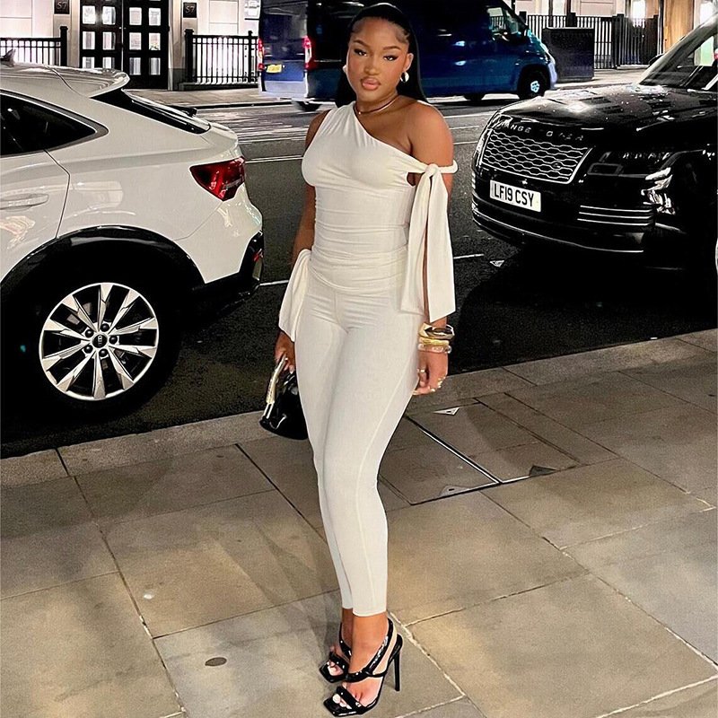 Autumn One Shoulder Leggings Skinny Sleeveless Casual Solid Top And Long Pants 2 Piece Set Women