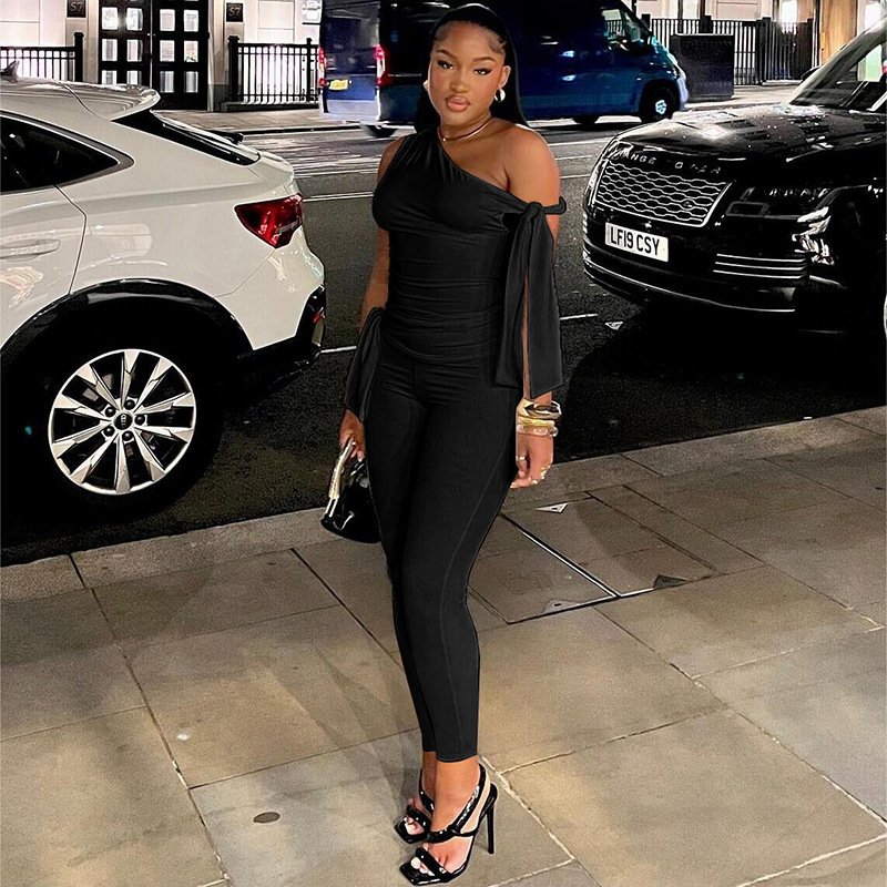Autumn One Shoulder Leggings Skinny Sleeveless Casual Solid Top And Long Pants 2 Piece Set Women