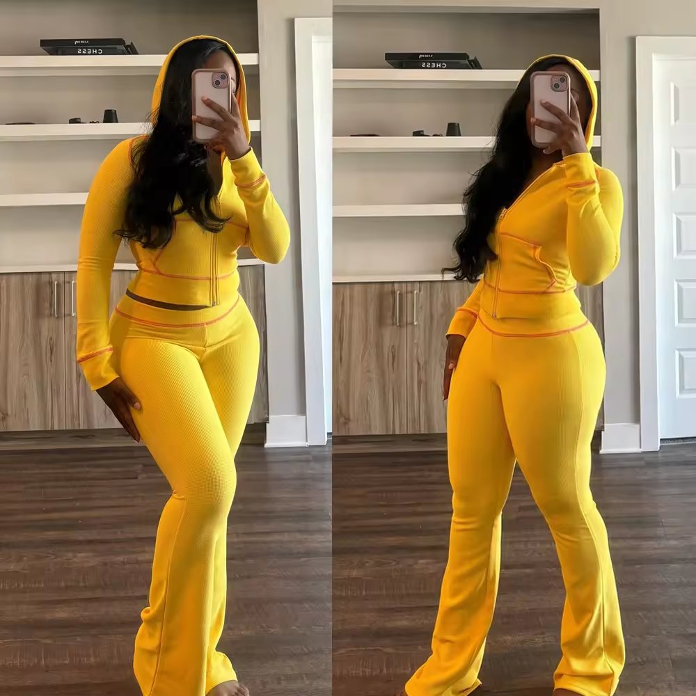 Custom Tall Girl Length Basics Outfits Set Crop Zipper Hoodie Jacket flare pants Women's Two 2 Piece Set Tracksuit