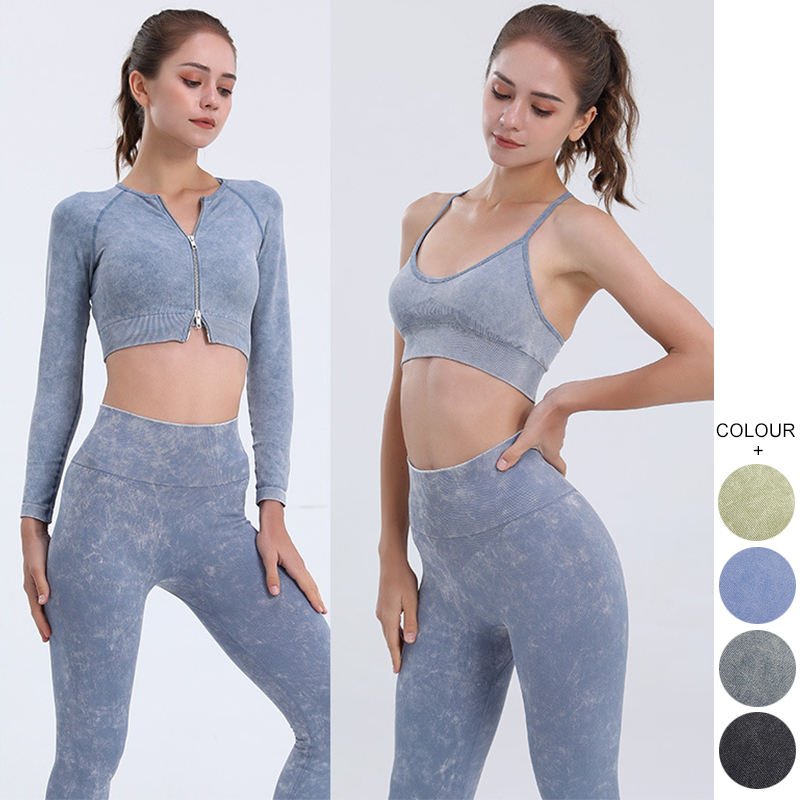 Women's Sets Seamless Acid Wash 5 Piece Yoga Set Athletic Sports Wear Gym Fitness Clothing Set