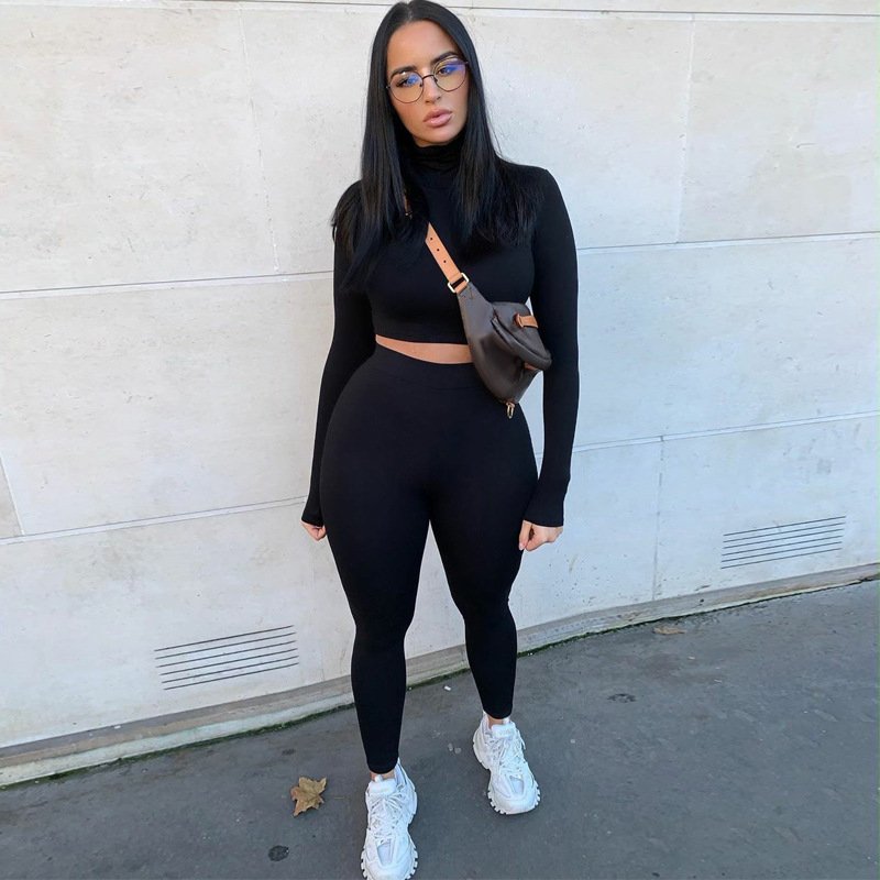 Women's Sexy 2 Piece Outfits Long Sleeve Solid Crop Top Pants Sets