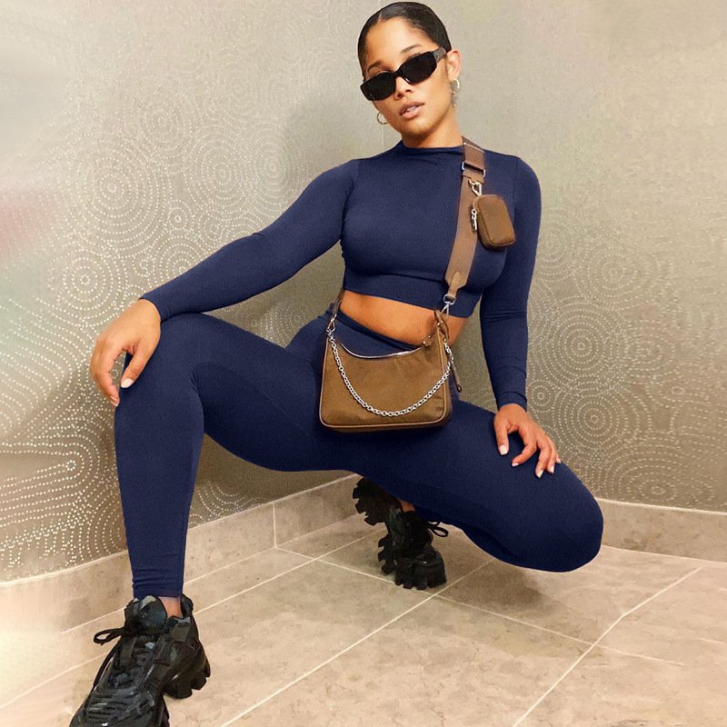 Women's Sexy 2 Piece Outfits Long Sleeve Solid Crop Top Pants Sets