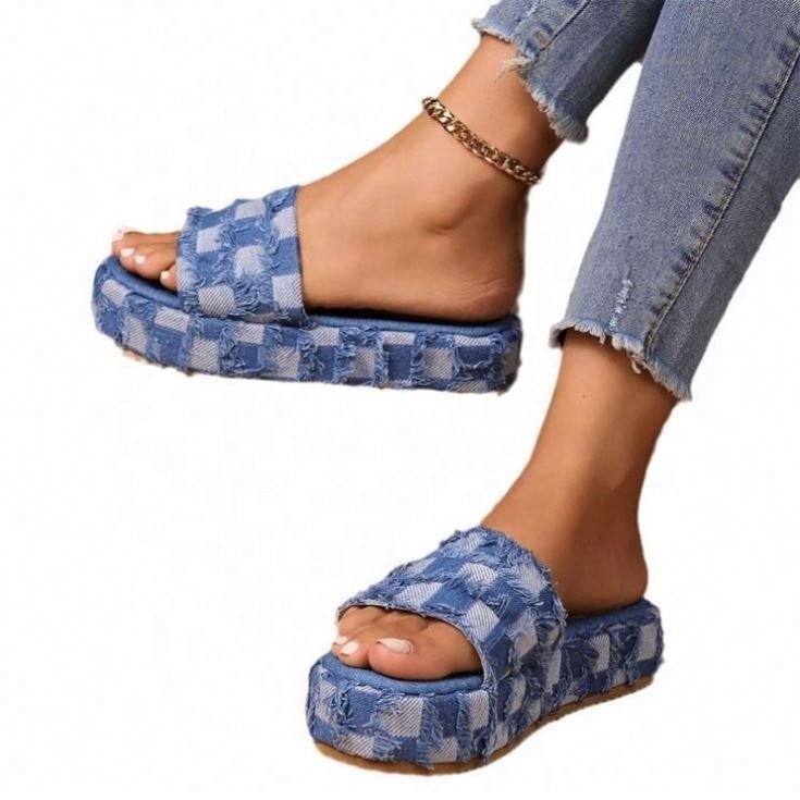 Casual Shoes Women's Summer Wedge Heel Thick Soled Beggar Beach Outside Wear Denim Slippers Large Size