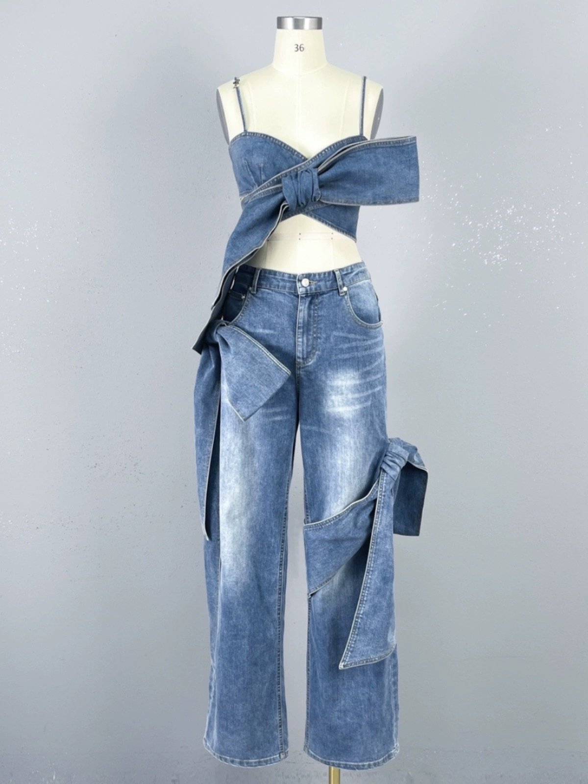 Fashion New Summer Unique Casual Denim Jeans Shirt Bowknot Crop Top Jeans Matching Sets Two Piece Pants Set Women'S Sets