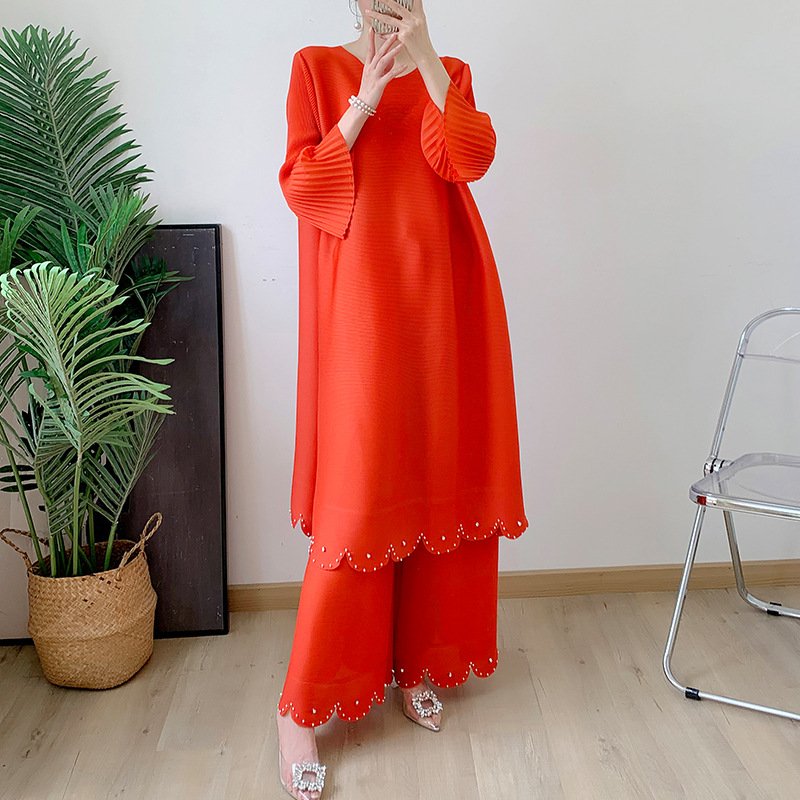 Miyake Pleated Plus-size Top and Wide-leg Set Stylish 2023 Long Middle Eastern Women's Casual Two-piece Ensemble Polyester Solid