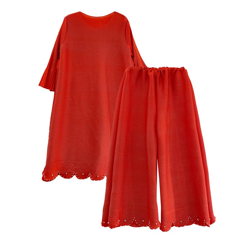 Miyake Pleated Plus-size Top and Wide-leg Set Stylish 2023 Long Middle Eastern Women's Casual Two-piece Ensemble Polyester Solid