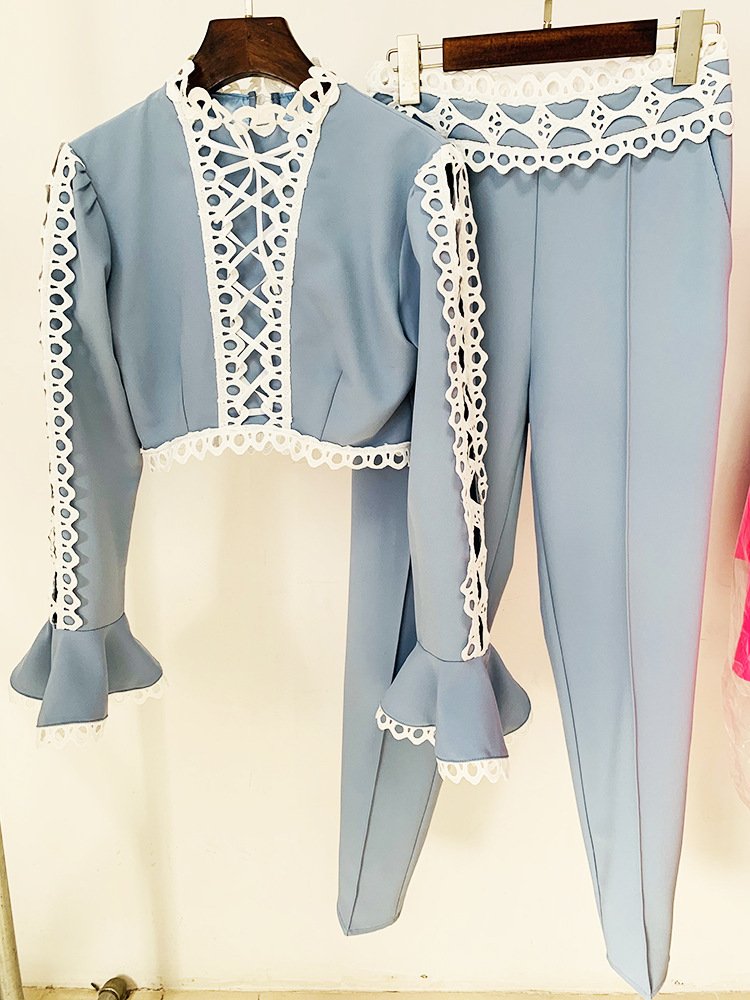 OULAIYADI Fashion Lace Women's Sets Hollow Out Long Sleeve Two Piece Set Women Clothing