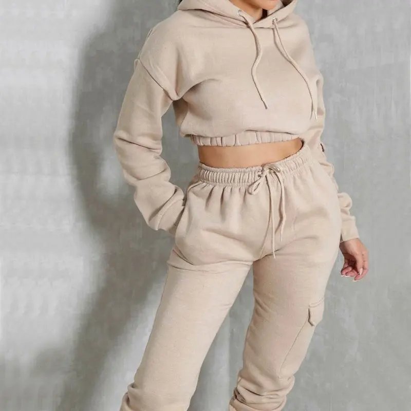 Women 2 Piece Thick Pant Sets Joggers Sweat Suits Tracksuits Women's Hoodies & Sweatshirts Crop Top Set