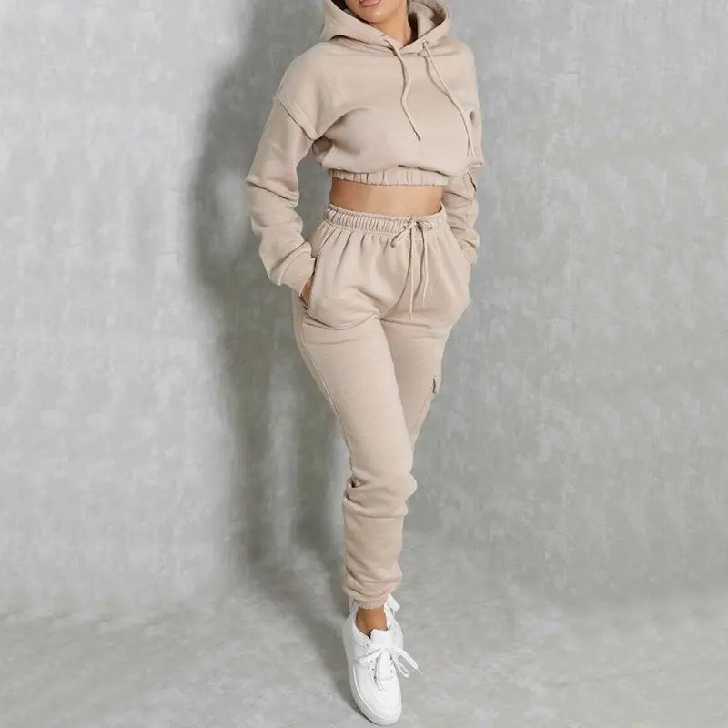 Women 2 Piece Thick Pant Sets Joggers Sweat Suits Tracksuits Women's Hoodies & Sweatshirts Crop Top Set