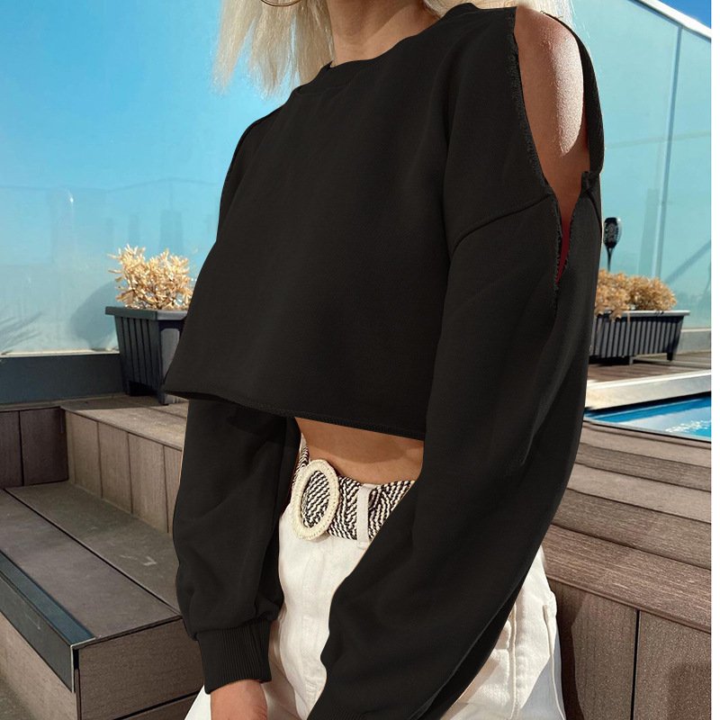 Solid Color Zipped Crop Top Sweatshirt Long Sleeve Loose Causal Summer Women Hoodies