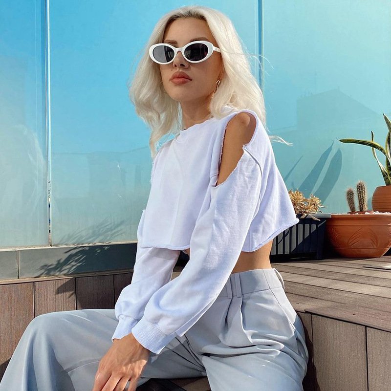 Solid Color Zipped Crop Top Sweatshirt Long Sleeve Loose Causal Summer Women Hoodies