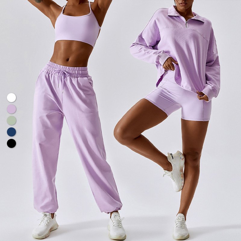 Custom Moisture Wicking Cotton Quarter Zip Sweatshirt Sweatpants Scrunch Butt Shorts Tracksuit Set For Women
