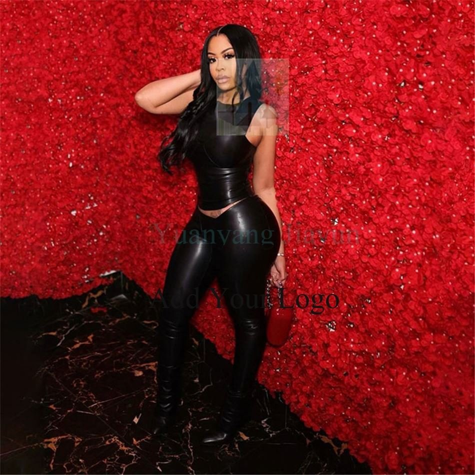 New Design Sexy Leather Sleeveless Crew Neck Top And Pants 2 Piece Set Solid Bodycon Casual Fashion Women's Set
