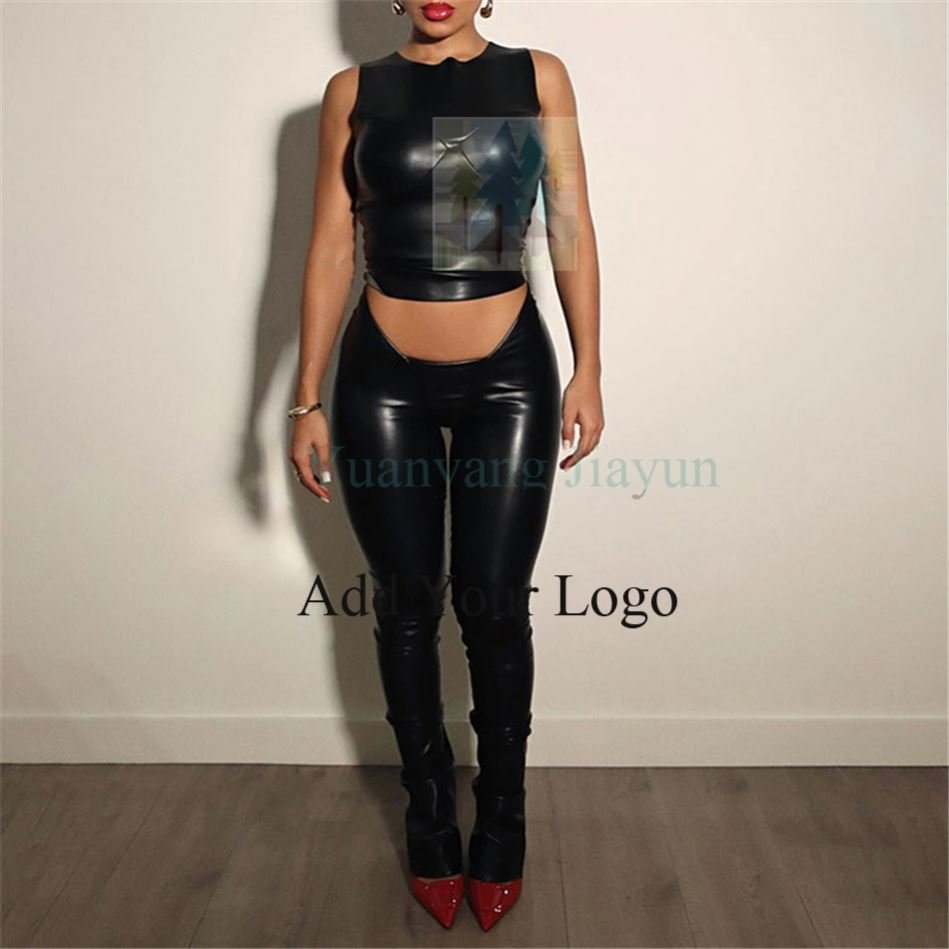 New Design Sexy Leather Sleeveless Crew Neck Top And Pants 2 Piece Set Solid Bodycon Casual Fashion Women's Set