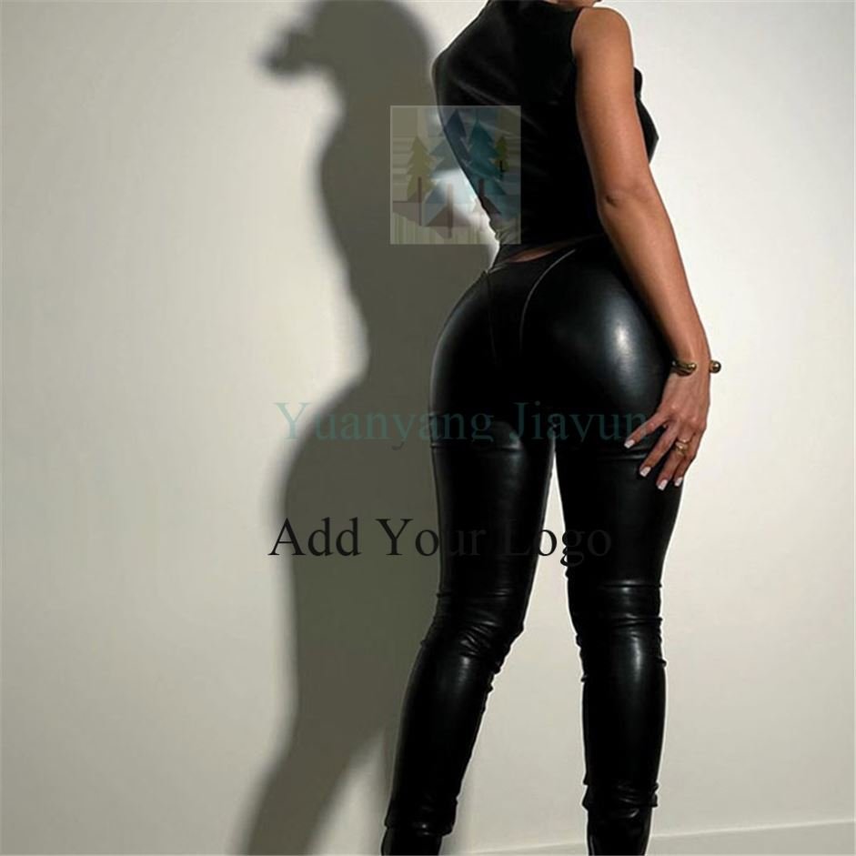 New Design Sexy Leather Sleeveless Crew Neck Top And Pants 2 Piece Set Solid Bodycon Casual Fashion Women's Set