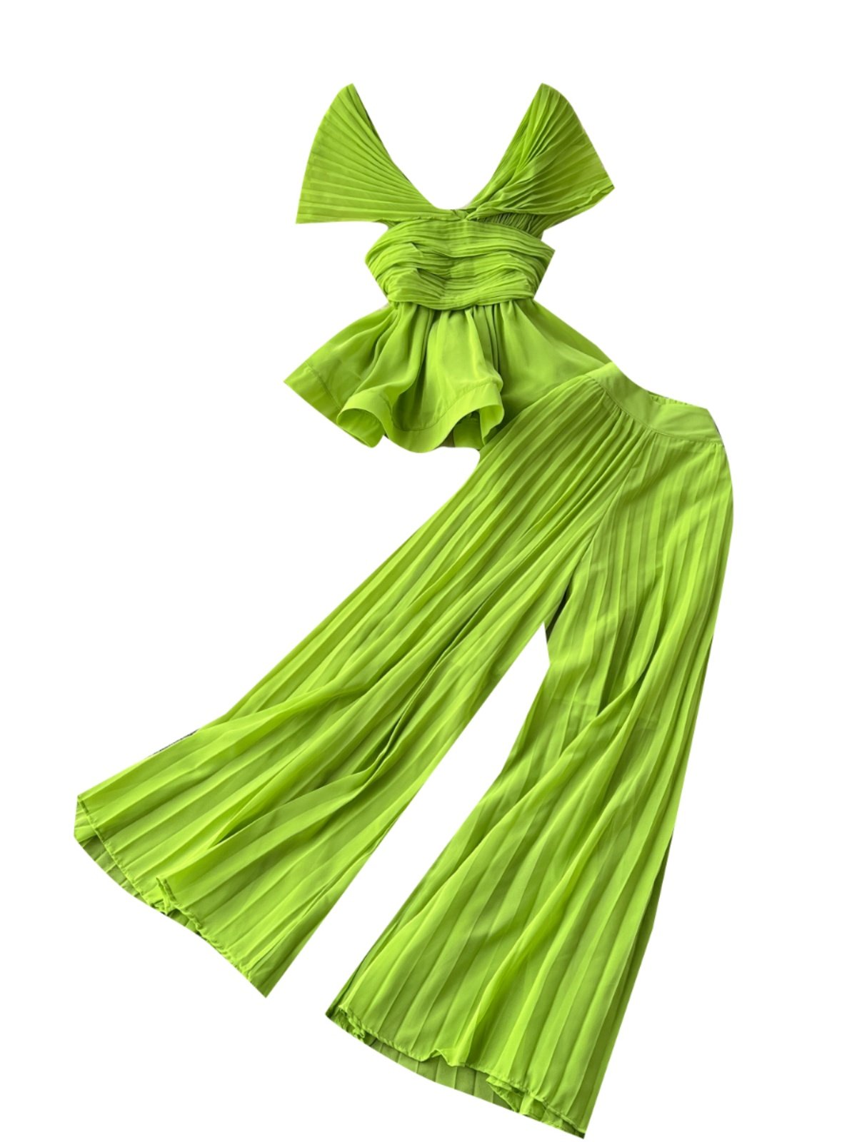 Boutique Wholesale 2024 Summer New Fashionable Pleated Sleeveless Chiffon Shirt High Waist Wide Leg Pants Women's Set
